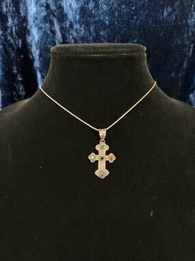 VTG Sterling Silver Cross Necklace Multicolor Cabochon Stone Crucifix Pendant